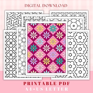 May include: A collection of digital coloring pages featuring various geometric and floral patterns in black and white, with one central page displaying a colorful diamond grid filled with yellow, teal, and purple flowers. Text reads DIGITAL DOWNLOAD PRINTABLE PDF A4 US LETTER.