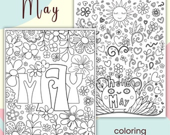 May Coloring Page, Retro Style Month Coloring Page, May Doodle Coloring Page, Floral Coloring Page