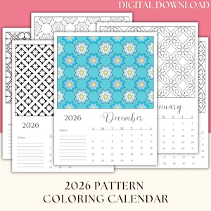 Calendario da colorare con motivi decorativi 2026, pagine stampabili rilassanti (download digitale)