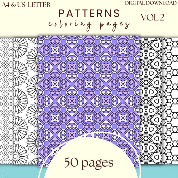 50 Relaxing Patterns Coloring Pages - Vol. 2, Repeating Pattern Coloring Pages, Pattern Coloring Sheets, Abstract, Geometric Coloring Pages
