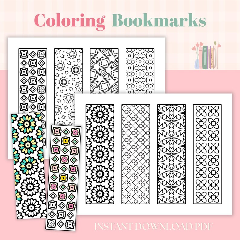 Pattern Coloring Bookmarks, Geometric and Floral Designs (digital ...