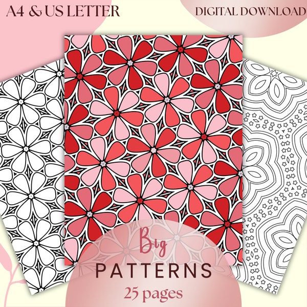 Big Patterns Coloring Pages, 25 Relaxing Patterns Coloring Sheets, Mindfulness Coloring Pages