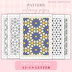 Grandi pagine da colorare con motivi geometrici audaci, rilassanti disegni floreali a francobollo per un'esperienza di colorazione consapevole.