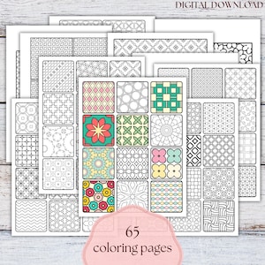 幾何学模様のタイルぬり絵、模様のタイルぬり絵、抽象模様と花柄のタイルぬり絵