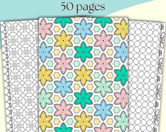 May include: A set of 50 printable coloring pages featuring geometric patterns with floral motifs. The patterns are black and white with a colorful example shown in the center. The pages are designed for A4 or US Letter size paper.