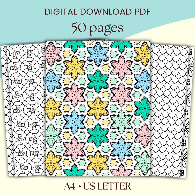 May include: A set of 50 printable coloring pages featuring geometric patterns with floral motifs. The patterns are black and white with a colorful example shown in the center. The pages are designed for A4 or US Letter size paper.