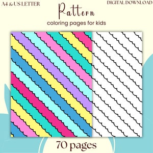 Może przedstawiać: Zestaw 70 drukowanych stron do kolorowania z powtarzającym się wzorem falistych linii. Wzór pokazano w dwóch wersjach: jednej z tęczą kolorów i jednej w czerni i bieli.
