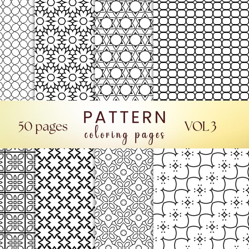 May include: A set of 50 black and white coloring pages featuring geometric patterns. The title "PATTERN coloring pages VOL 3" is at the top of the image.