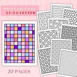 Puede incluir: Una colección de páginas para colorear en PDF imprimibles. La imagen presenta un patrón geométrico colorido y varios diseños en blanco y negro. El texto incluye "PRINTABLE PDF A4 • US LETTER" y "20 PAGES".