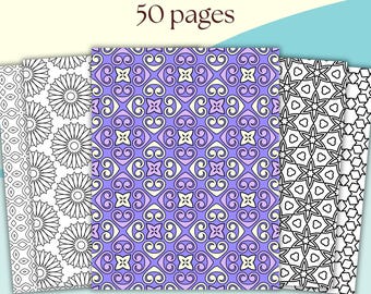 May include: A set of 50 printable coloring pages featuring intricate geometric patterns. The pages are designed for A4 or US Letter size paper.  The patterns include a variety of shapes and designs, including circles, squares, and triangles.  The patterns are black and white, and the background is white.