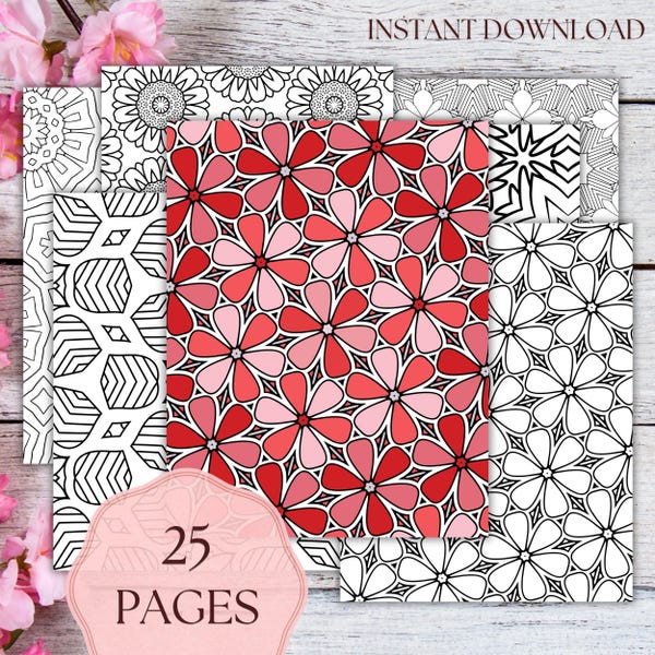 Dibujos para colorear con grandes estampados florales, diseños abstractos llamativos (descarga digital)