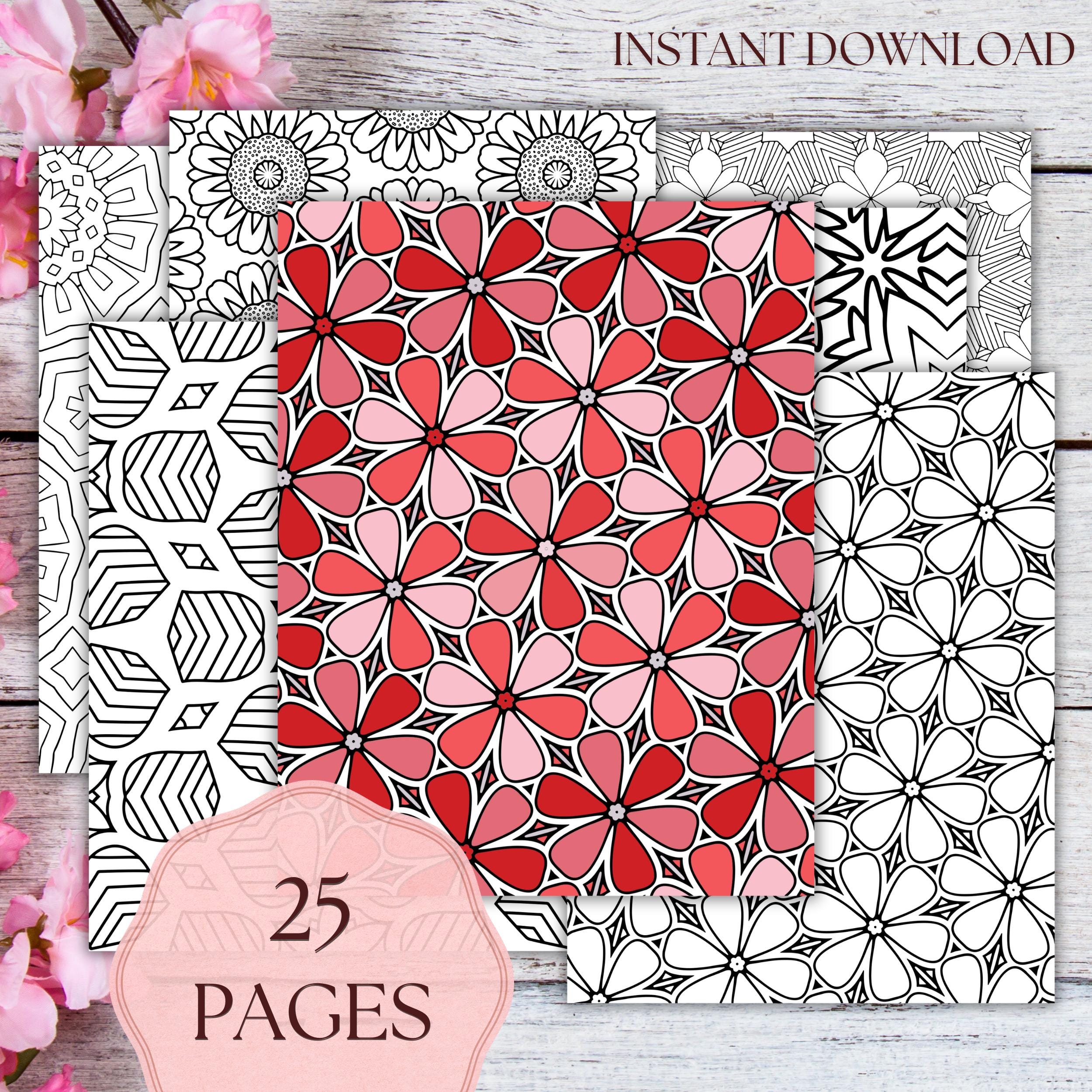 Páginas de colorear de patrones grandes y audaces – 25 diseños repetitivos relajantes, abstractos y florales (descarga digital)