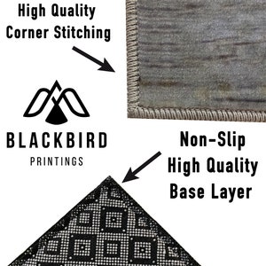 May include: Close-up of a rug corner with the text "High Quality Corner Stitching" and "Non-Slip High Quality Base Layer." The rug has a black and white geometric pattern and a gray border. The logo for Blackbird Printings is also visible.