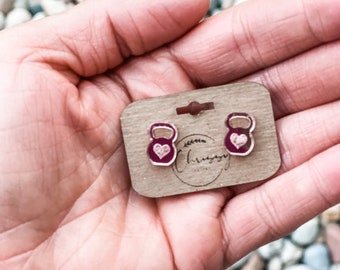 Fitness Ohrringe, CrossFit Geschenk, Fitness Lover Geschenk, Ohrringe mit Herz, Kettlebell Ohrringe, Ohrstecker Roségold, Ohrstecker Holzschmuck