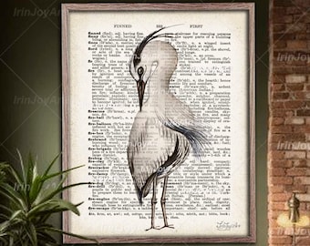 Bird wall art decor Heron canvas painting Dictionary book page vintage art print, Coastal tropical modern boy girl living room bedroom decor