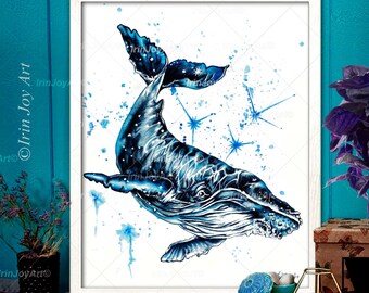 Humpback whale painting art print Bathroom kids living room hotel beach blue wall art decor Nursery sea ocean watercolor humpback whale gift