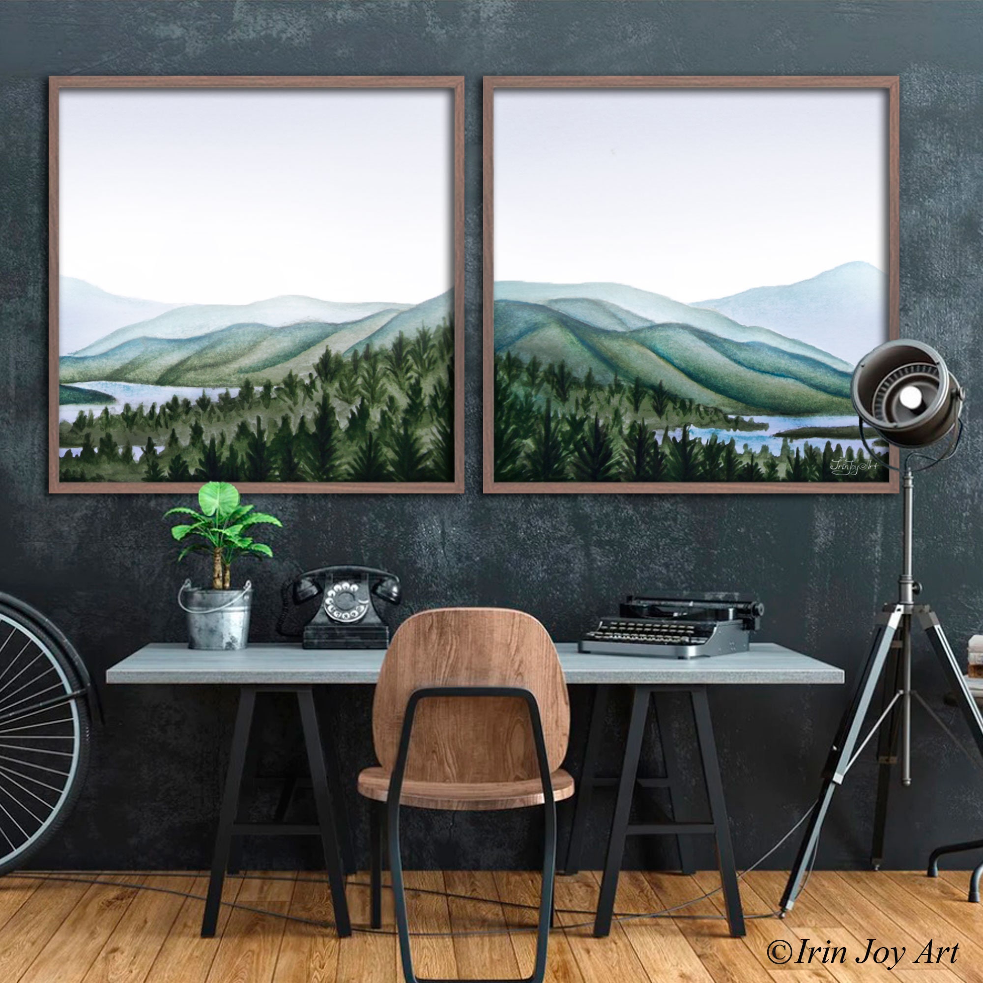 Set 2 Watercolor Landscape Prints Mountain Wall Art Nature Foggy Forest ...