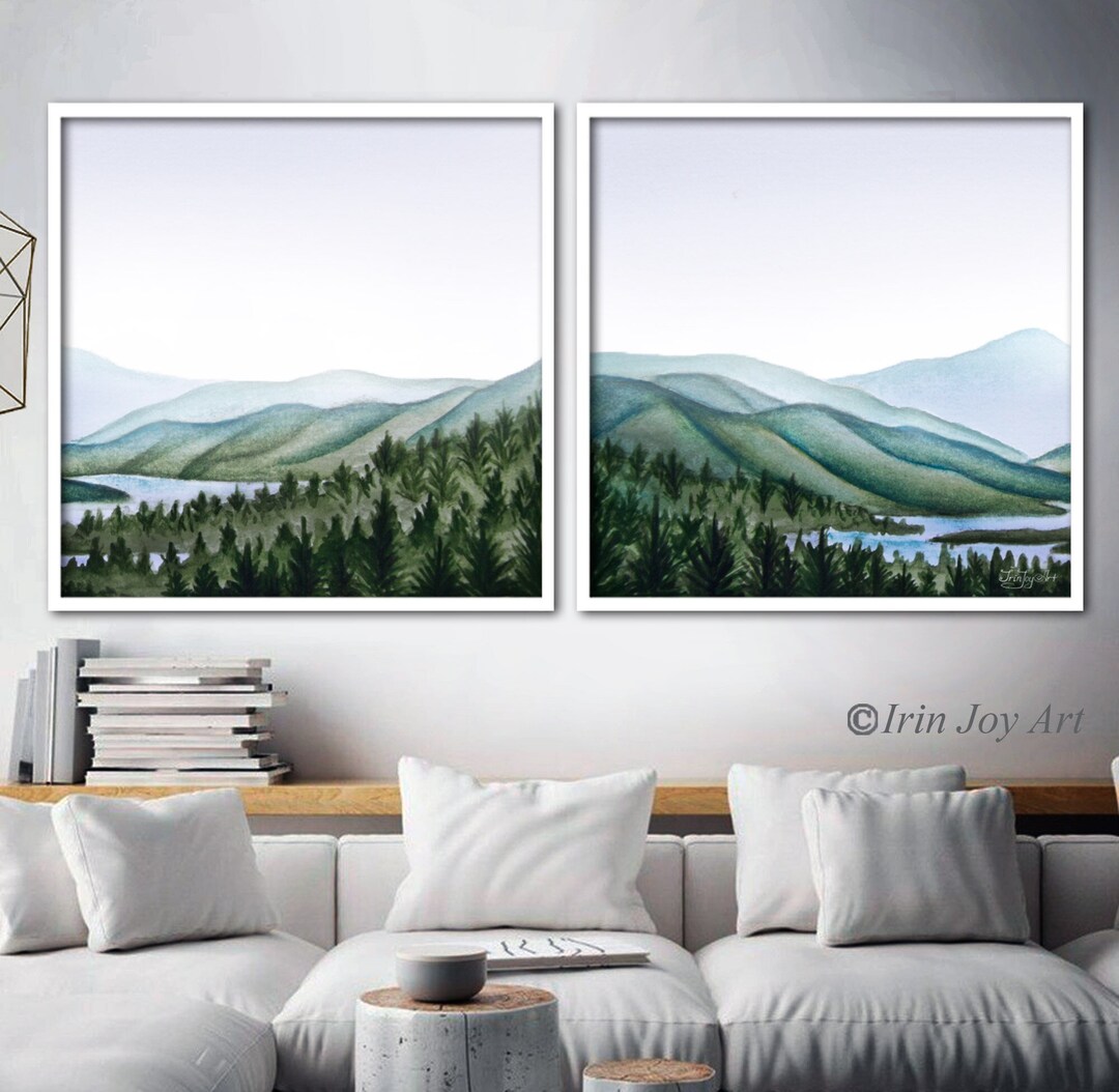 Set 2 Watercolor Landscape Prints Mountain Wall Art Nature Foggy Forest ...