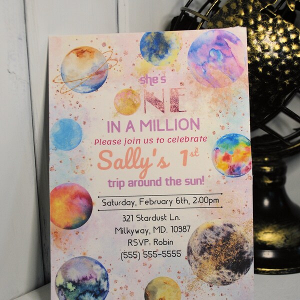 Pastel Galaxy Birthday Invitation| 1st Birthday Party| Space Themed| One In A Million| Sci Fi Birthday| Girls Birthday| Pink and Gold