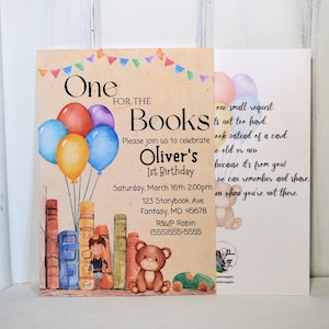 Book 1st Birthday Invitation|One for the Books|Whimsical|Bear|Cute|Balloons|Storybook|Fairytale|PDF|Download|Personalized