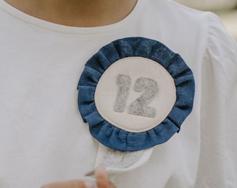 Handmade Birthday Badge | Choose Your Number | Navy Blue and Heather Grey | Naturally Dyed Organic Cotton