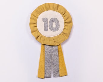 Soft Ochre Yellow and Heather Grey Birthday Badge | Naturally Dyed Organic Cotton | Choose Your Number