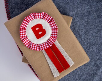 Red Gingham Monogrammed Holiday Badge | Cotton and Wool Felt | Choose Your Letter