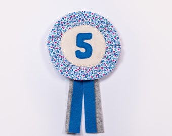 Blue Floral Liberty Print and Heather Grey | Custom Birthday Badge | Choose Your Number