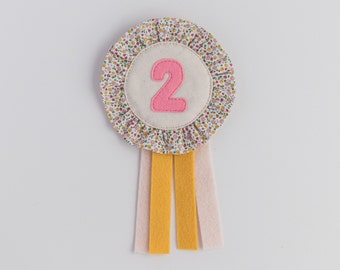 Floral Liberty Print Birthday Badge | Pink Number and Yellow and Pale Pink Felt Tails | Choose Your Number