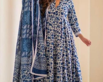 Beautiful Premium Rayon Printed Long Anarkali Kurti with Pant and Dupatta Set, Rayon Salwar Kameez, Rayon Kurta Set, Suits for Women