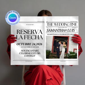 以下が含まれることがあります： 「The Wedding Time」の見出しと「Samantha & Luis」の名前が入った、新聞スタイルの結婚発表。 2026年10月24日の日付とカップルの写真が含まれています。 赤い手袋をした人が発表を持っています。
