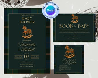 Rocking Horse Baby Shower Invitation: Plaid Equestrian Theme (Canva Template)