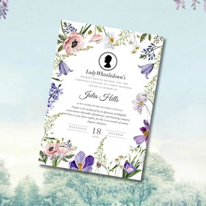 Bearbeitbare lila rosa Glyzinien-Brautparty-Einladung Viktorianische Regency-Brautdusche Bridgerton unter dem Motto Brautdusche-Teeparty laden ein