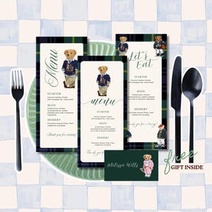 Ralph Lauren Polo babyshowermenu sjabloonbalk Klassiek geruit menu, genderneutraal babyshowermenu beer, afdrukbaar dinermenu gratis cadeau