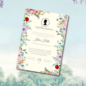 Bearbeitbare lila rosa Glyzinien-Brautparty-Einladung Viktorianische Regency-Brautdusche Bridgerton unter dem Motto Brautdusche-Teeparty laden ein
