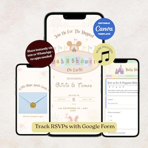 Może przedstawiać: Cyfrowe zaproszenie na baby shower wyświetlane na trzech smartfonach. Główne zaproszenie zawiera projekt zamku i tekst "Baby Shower On Earth!" ze szczegółami dla Olivii i Tomasa. Zawiera szablon Canva i muzykę. Śledź odpowiedzi za pomocą Google Form.