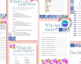 Editable Bougainvillea and Blue Tiles Bridal Shower Game Bundle, Italy Bridal Shower Games Printable, Instant Download Bougainvillea