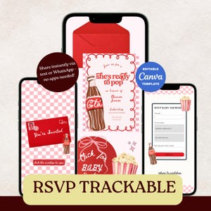 以下が含まれることがあります： 赤と白を基調としたデジタル招待状のデザインで、「She's ready to pop」のテキストと哺乳瓶のイラストが特徴です。 RSVPの詳細と「Click for Baby」のグラフィックが含まれており、スマートフォン画面に表示されます。 編集可能なCanvaテンプレート。