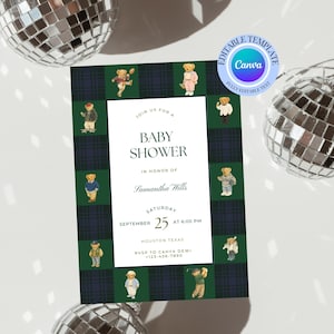 Polo Bear Baby Shower Invitation Classic Plaid Tartan Ralph Lauren-Inspire Luxury Preppy Theme Digital Editable Template Instant#51