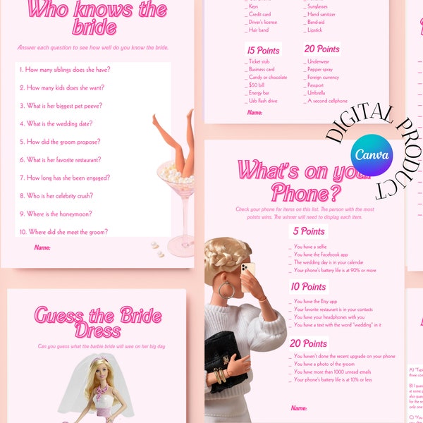 Bachelorette Games| Bachelorette Party Pink Hens Party Games| BARBIE   Barb Doll Hens Party Bridal Shower Games | pink shower gamer