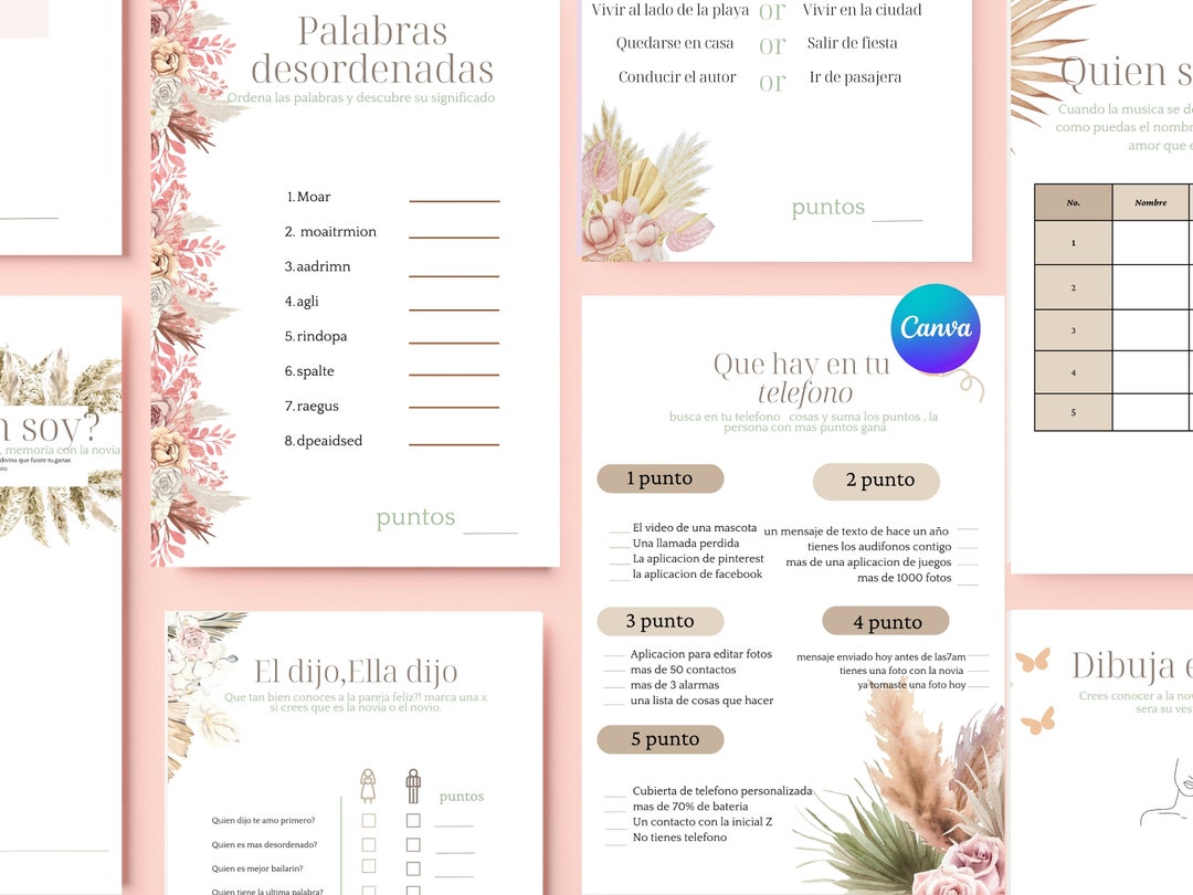BOHO Spanish Printable Bridal Shower Games Set| Despedida De Soltera ...
