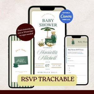 Invitación para baby shower de Ralph's Coffee, plantilla editable de Canva, seguimiento de RSVP
