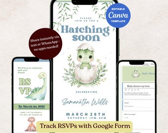 Dinosaur Baby Shower Invitation, Hatching Soon (Digital Canva Template)