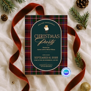 May include: A Christmas party invitation with a plaid background in red, green, and brown. The invitation features a dark green oval with gold text that reads "Christmas Party." The date is September 18, 2025. A teddy bear graphic is at the top.