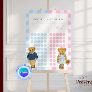 Op de afbeelding: Een gender reveal-bord op een ezel met de tekst "WHAT WILL BABY HILLS BE?". Het bord heeft blauwe en roze secties met teddybeer illustraties. Het bord is een bewerkbare Canva-sjabloon.