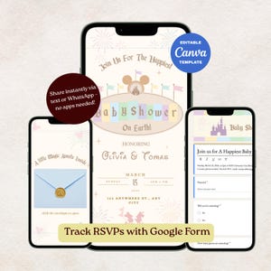 Puede incluir: Una plantilla digital de invitación a un baby shower en un smartphone, con una combinación de colores pastel y el texto "Baby Shower On Earth!". El diseño incluye una ilustración de castillo y el texto "Join Us For The Happiest". Incluye un formulario de Google para las confirmaciones.