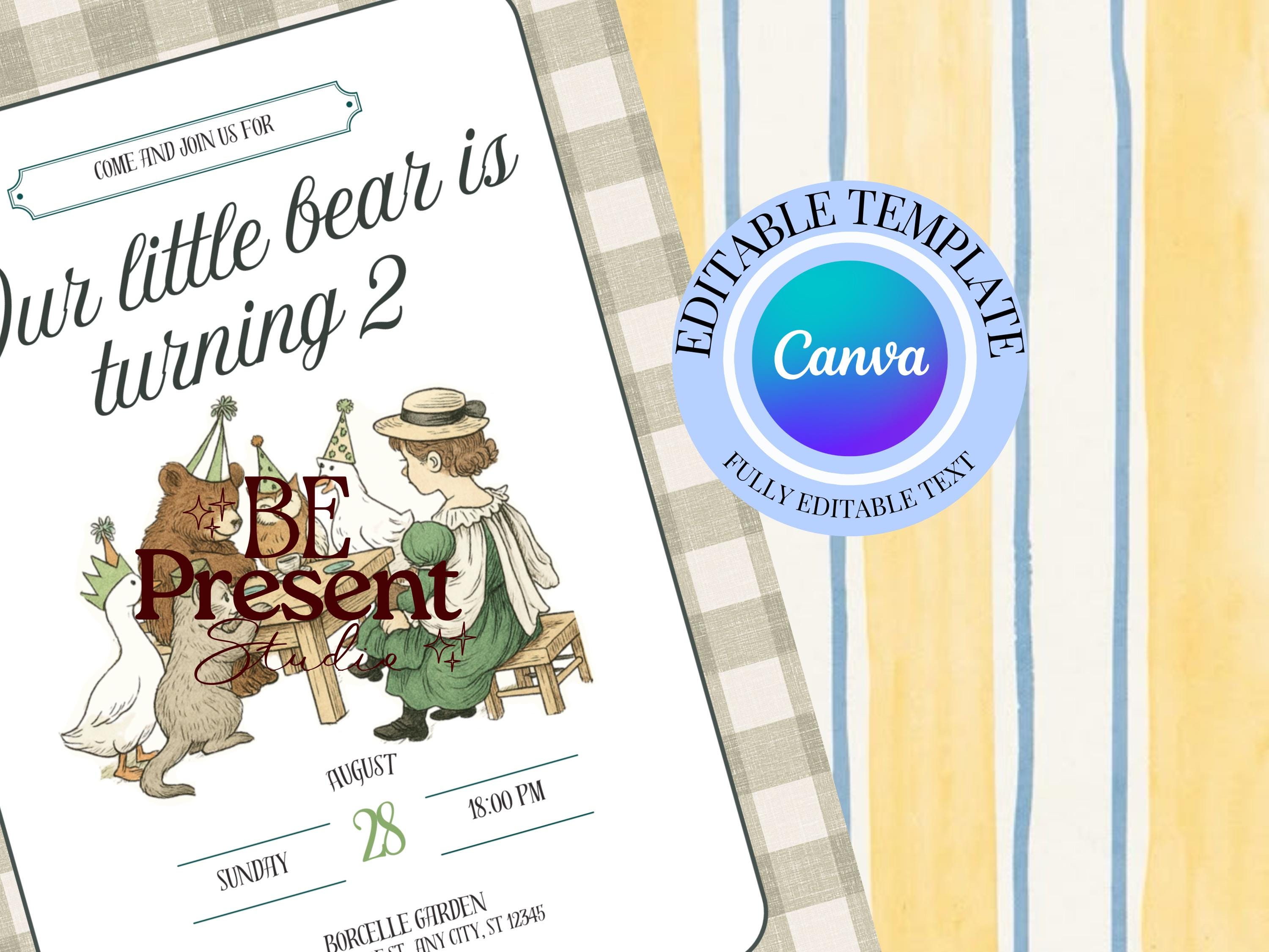 Teddy Bear Birthday Invitation Template, Cute Party Invite (canva ...