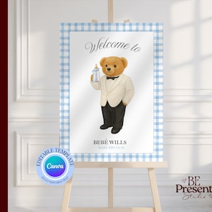 Letrero de bienvenida para baby shower de Polo: Diseño clásico a cuadros con temática ecuestre (Descarga digital)