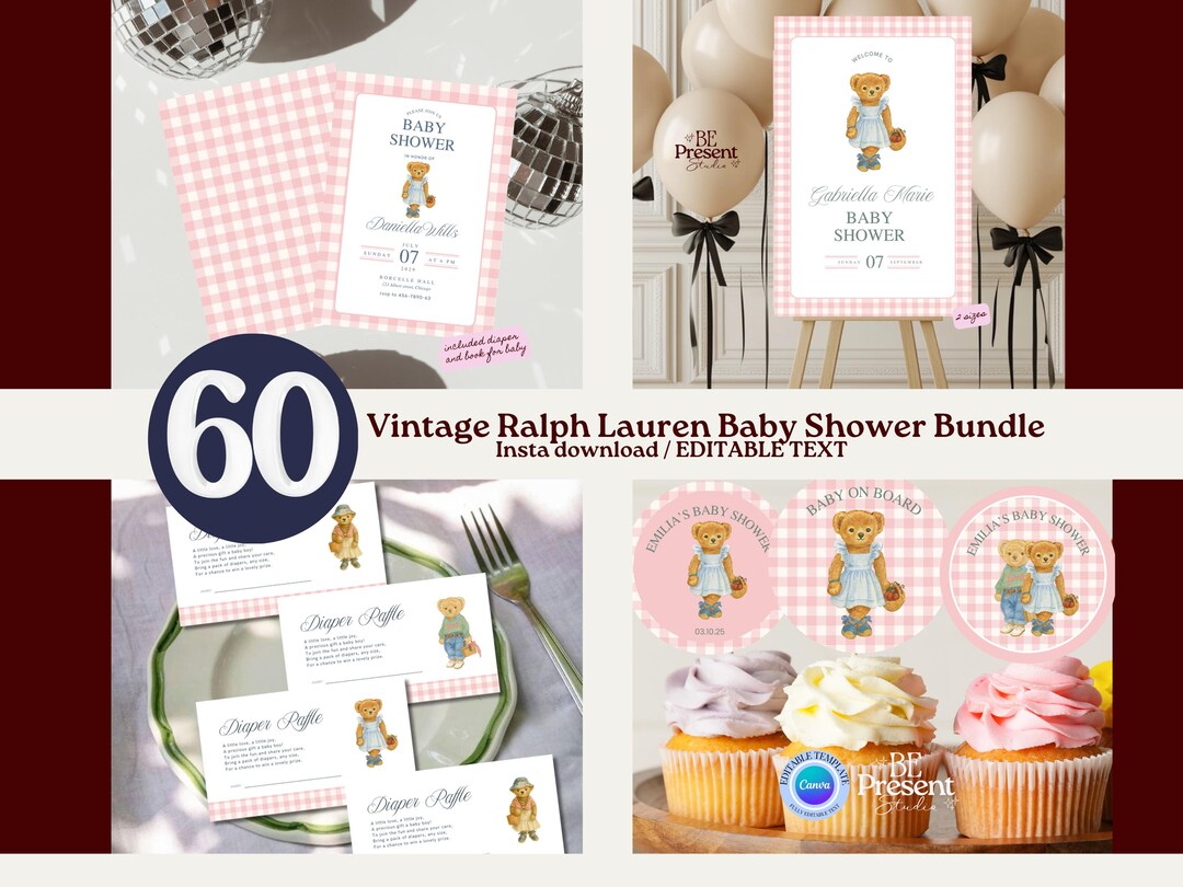 Pink Polo Teddy Bear Baby Shower Bundle (editable Canva Template) - Etsy