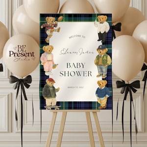 Polo-Inspired Baby Shower Welcome Sign –Classic Plaid Tartan Theme  Equestrian Preppy Party Decor  Editable Canva Template#26